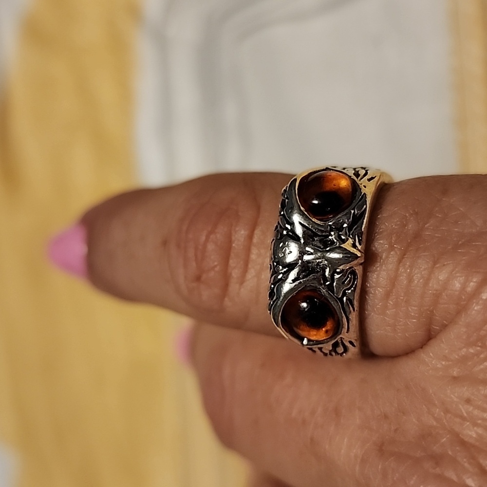 Unisex Silver Tone Eagle Ring With 🟤 brown Gemstone Eyes Bohemian